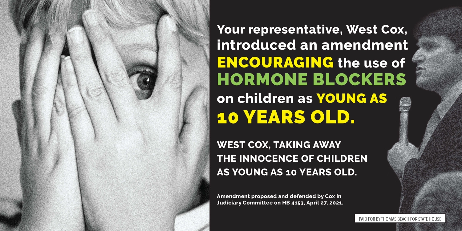 Child covering face in distress, text highlighting West Cox's amendment on hormone blockers for children, emphasizing innocence loss, campaign message for Thomas Beach's political strategy.