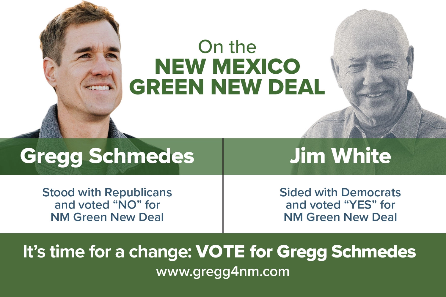 Gregg Schmedes campaign postcard contrasting his stance against the New Mexico Green New Deal with Jim White's support, featuring call to action to vote for Schmedes.